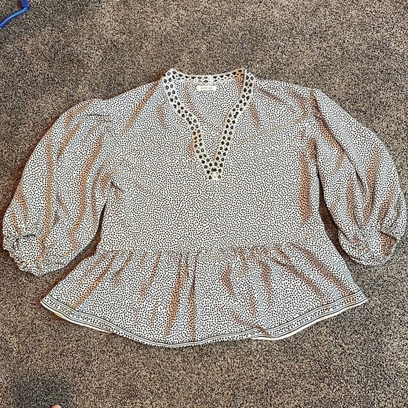 Max Studio Black White Crochet Polka Dot Ruffle Top Blouse - Picture 4 of 10